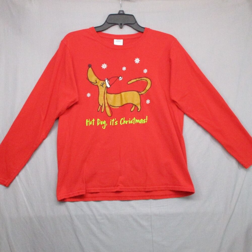 Gildan Hot Dog Christmas Graphic Print T-Shirt Red Women Size | M